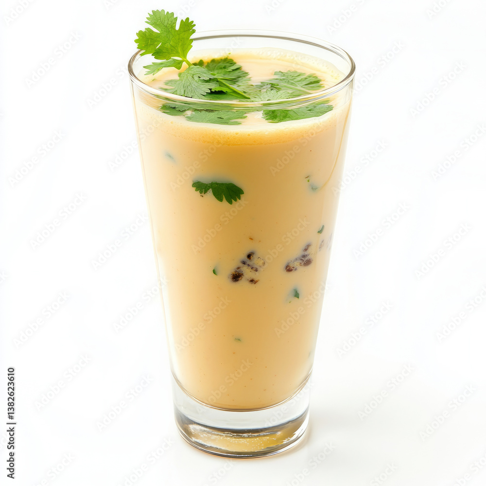 A glass of sol kadhi, with a refreshing drink made from coconut milk, kokum, and spices, garnished with cilantro and served in a tall glass, isolated on clean white background. A glass of sol kadhi, with a refreshing drink made from coconut milk, kokum, and spices, garnished with cilantro and served in a tall glass, isolated on clean white background.