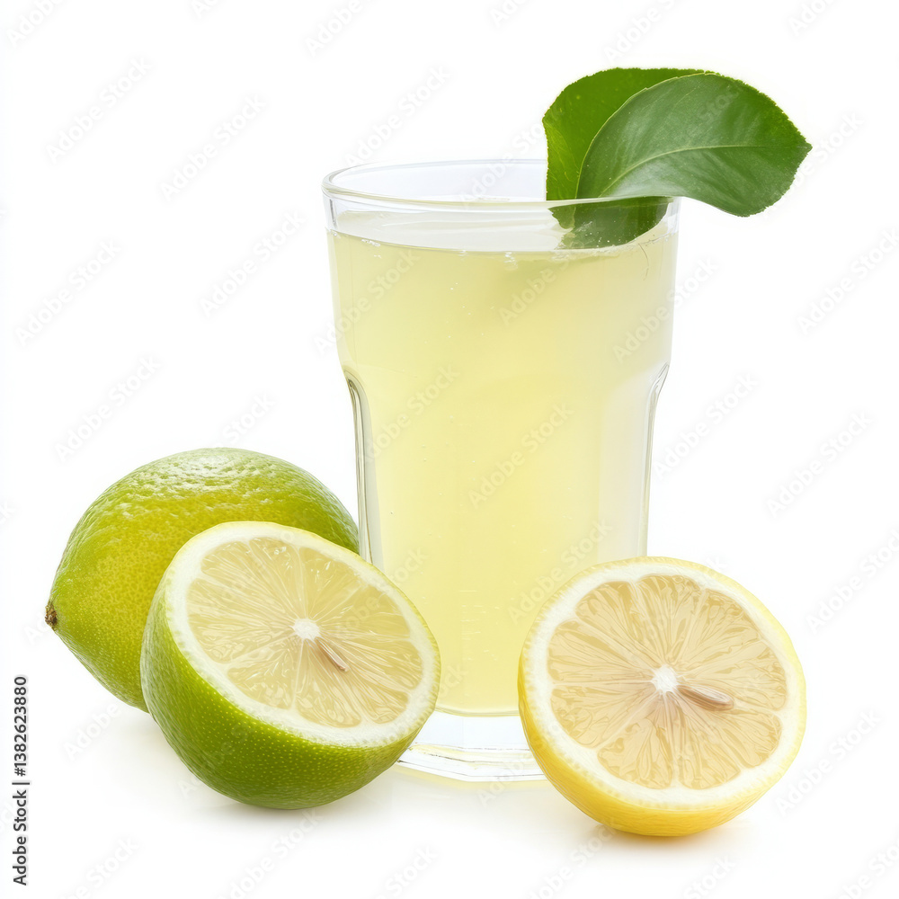 A glass of nimbu pani, with a refreshing drink made from lemon, sugar, and water, isolated on clean white background. A glass of nimbu pani, with a refreshing drink made from lemon, sugar, and water, isolated on clean white background.