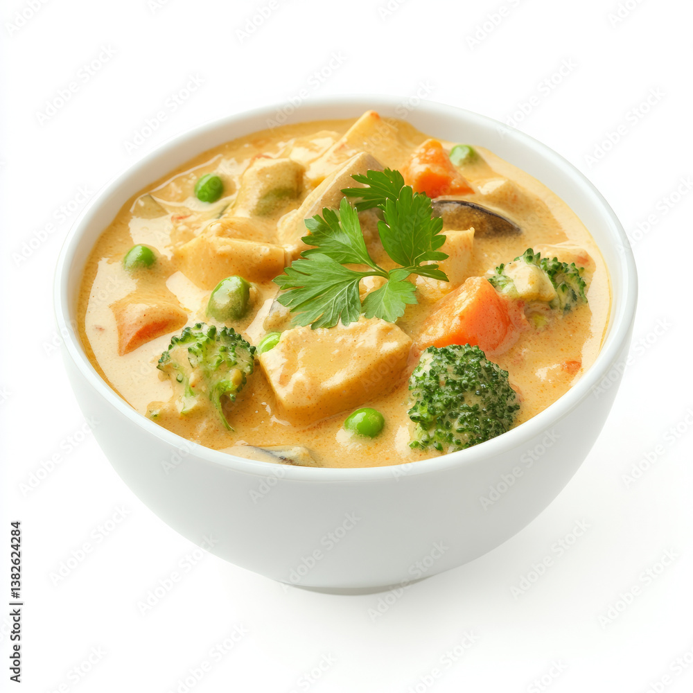 A bowl of vegetable korma, with mixed vegetables cooked in a creamy cashew and coconut sauce, isolated on clean white background. A bowl of vegetable korma, with mixed vegetables cooked in a creamy cashew and coconut sauce, isolated on clean white background.
