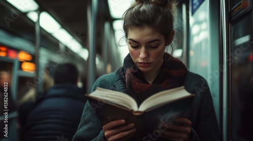 Young woman absorbed in book during her commute, urban lifestyle captured