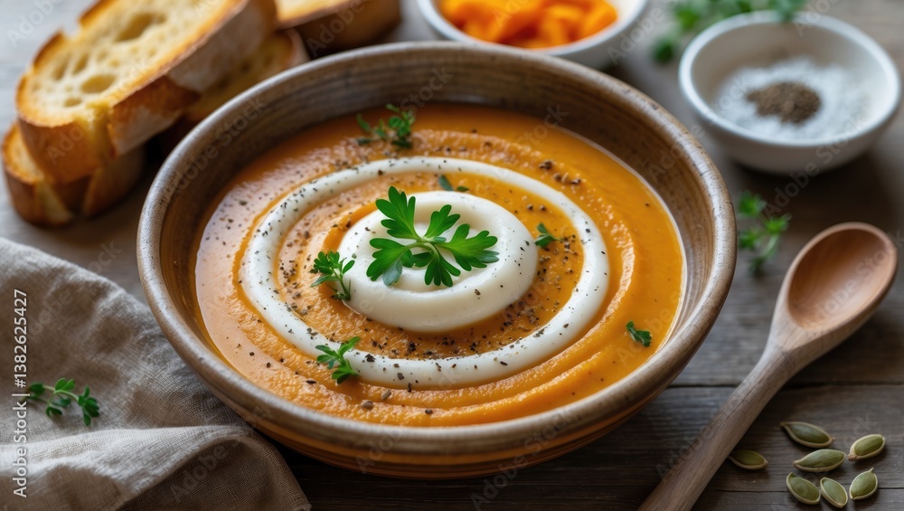 Creamy carrot and pumpkin soup served in a bowl. Creamy carrot and pumpkin soup served in a bowl.