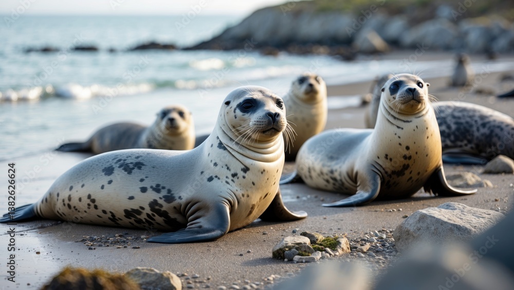 Fototapeta premium Alert Harbor Seals (Phoca vitulina) on the Shore