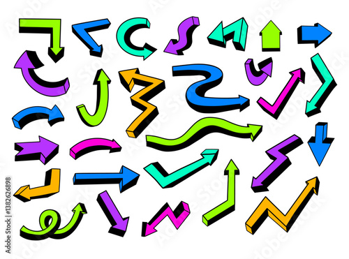 Simple Color Directional Arrows Doodles. Bright voluminous Lines Sign Directions Right Left Down Curved Backward. Isolated Vector Hand Drawn. Concept pointer symbols