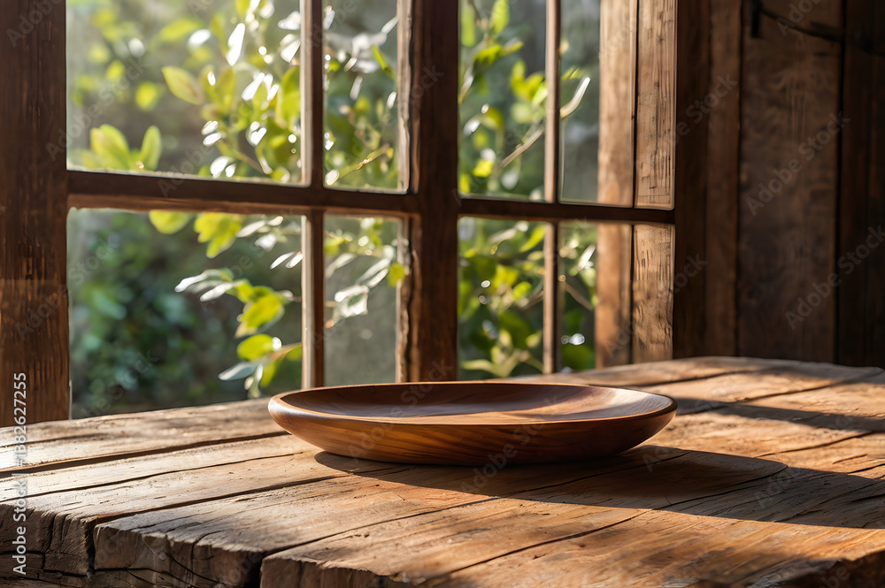 Rustic Wooden Table with Natural Grain – Warm Sunlit Setting Rustic Wooden Table with Natural Grain – Warm Sunlit Setting