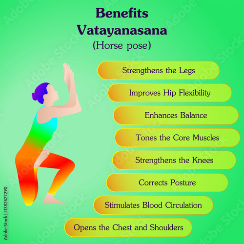 Benefits of practicing Vatayanasana yoga pose. Horse yoga pose or Flying Horse pose. Isolated vector illustration