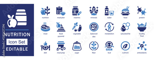 Nutrition icon set. Featuring vitamins, minerals, protein, diet, meal prep, healthy food, metabolism, and more. Ideal for health apps, diet plans, infographics, and nutrition-related projects.