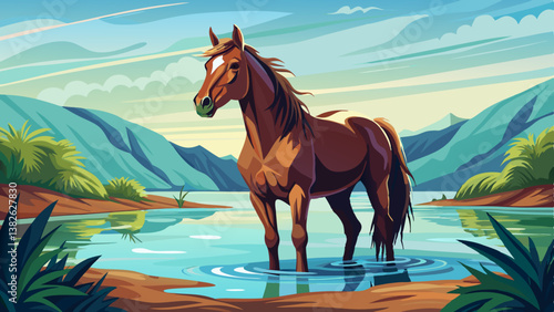 brown horse standing beside a crystal clear lake