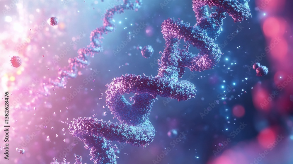 Microscopic view of DNA helix strand, glowing in vibrant pink and blue hues. Microscopic view of DNA helix strand, glowing in vibrant pink and blue hues.