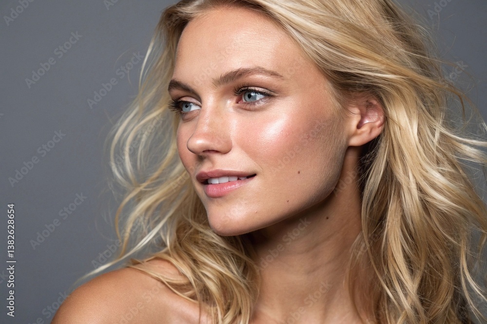 Fototapeta premium Blonde woman with glowing skin smiling Studio portrait of a smiling blonde woman with glowing skin, blue eyes, and natural makeup against a neutral gray background. 