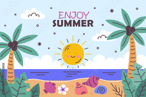 Summer themed flat banner illustration featuring a beachside scene, promoting a seasonal sale.