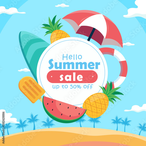 summer-themed flat lay illustration featuring beach items like an umbrella, flip-flops, beach ball, and watermelon slices, promoting a seasonal sale with up to 50% off