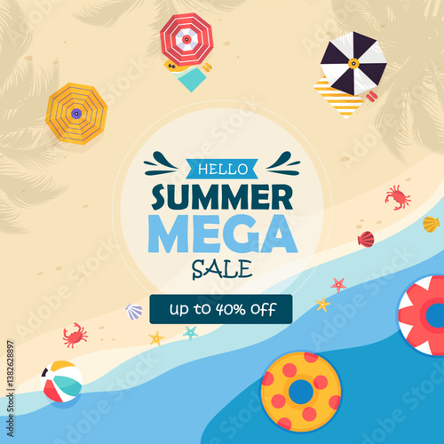 Top-down summer-themed flat lay illustration featuring beach items like an umbrella, flip-flops, beach ball, and watermelon slices, promoting a seasonal sale with up to 40% off.

