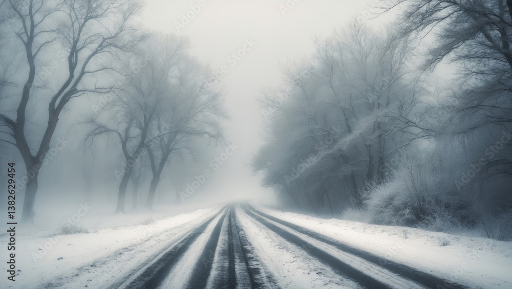 Fototapeta premium abstract winter road fog snow, landscape view in transportation