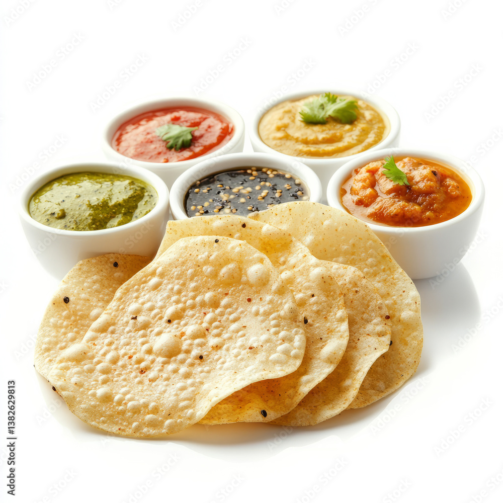 A close-up of a papadum, with a thin and crispy lentil wafer, served as an appetizer, isolated on clean white background, surrounded by various dipping sauces. A close-up of a papadum, with a thin and crispy lentil wafer, served as an appetizer, isolated on clean white background, surrounded by various dipping sauces.
