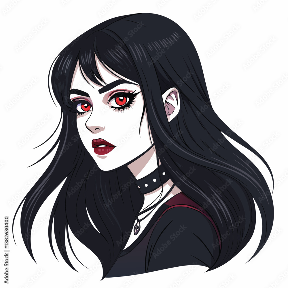 Create a vector illustration of a gothic anime woman with bold, dramatic strokes. Emphasis on sharp lines and dark colors. Create a vector illustration of a gothic anime woman with bold, dramatic strokes. Emphasis on sharp lines and dark colors.