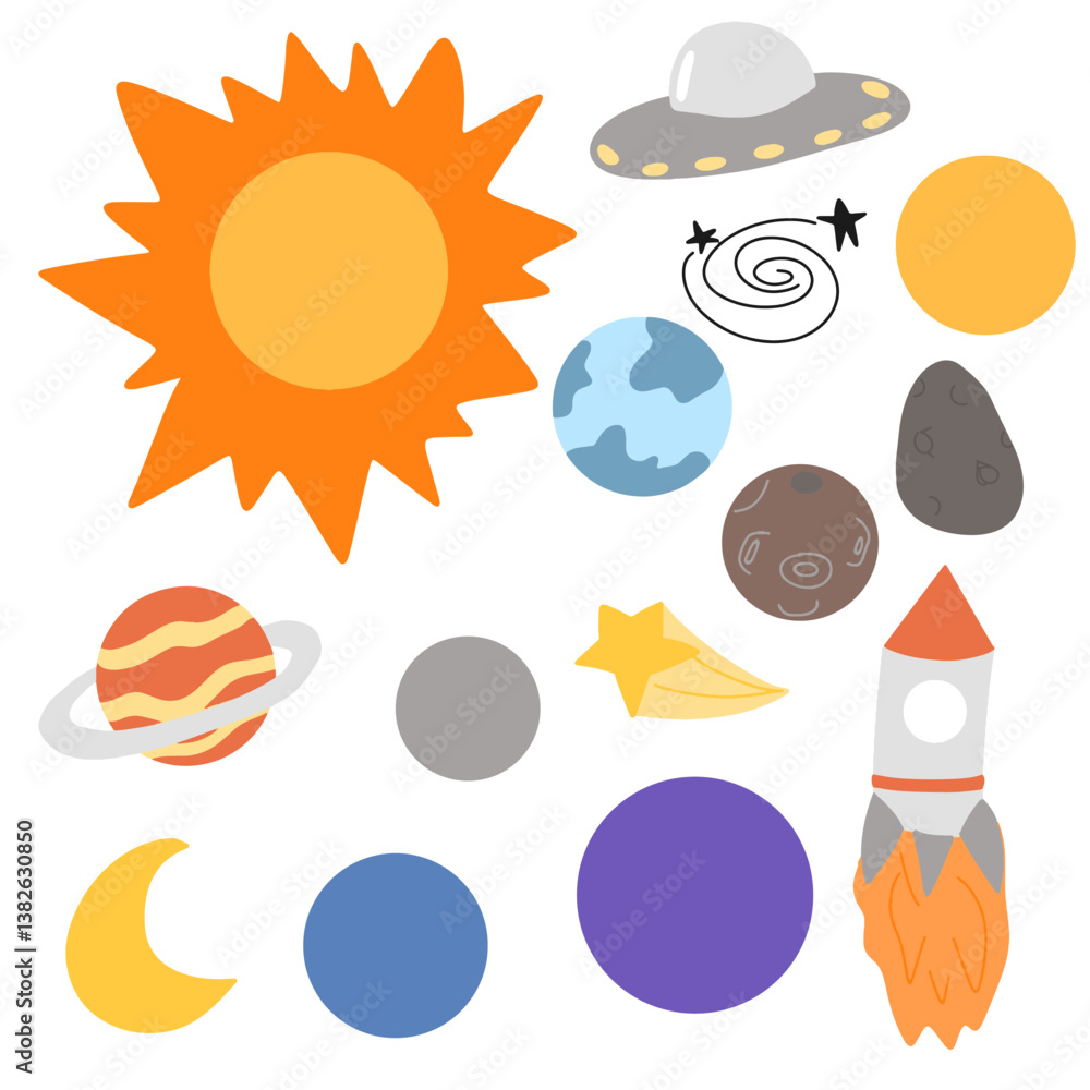 Set of planets, stars, asteroids, and comets in outer space. Childish universe in doodle style. Isolated flat vector illustration Set of planets, stars, asteroids, and comets in outer space. Childish universe in doodle style. Isolated flat vector illustration