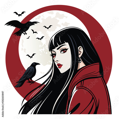 Design a vector illustration of a gothic anime woman with bold, dramatic strokes.  Focus on strong lines and impactful shading.