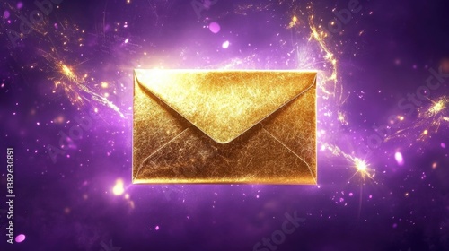 Golden sparkling envelope against a vibrant purple background
