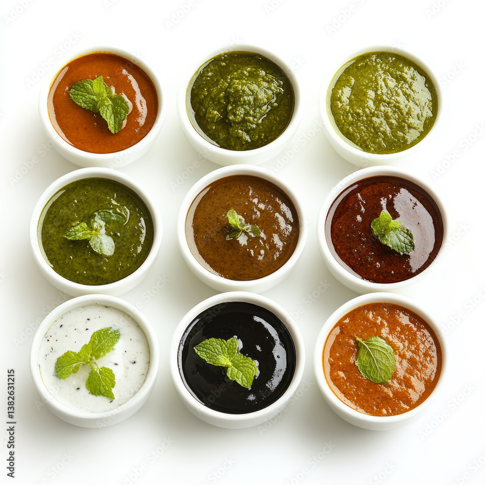 A selection of chutneys, including mint, tamarind, and coconut, arranged in small bowls, isolated on clean white background. A selection of chutneys, including mint, tamarind, and coconut, arranged in small bowls, isolated on clean white background.