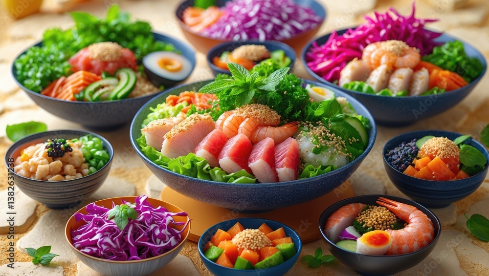 Assortment of poke bowls arranged in a flat lay. Assortment of poke bowls arranged in a flat lay.