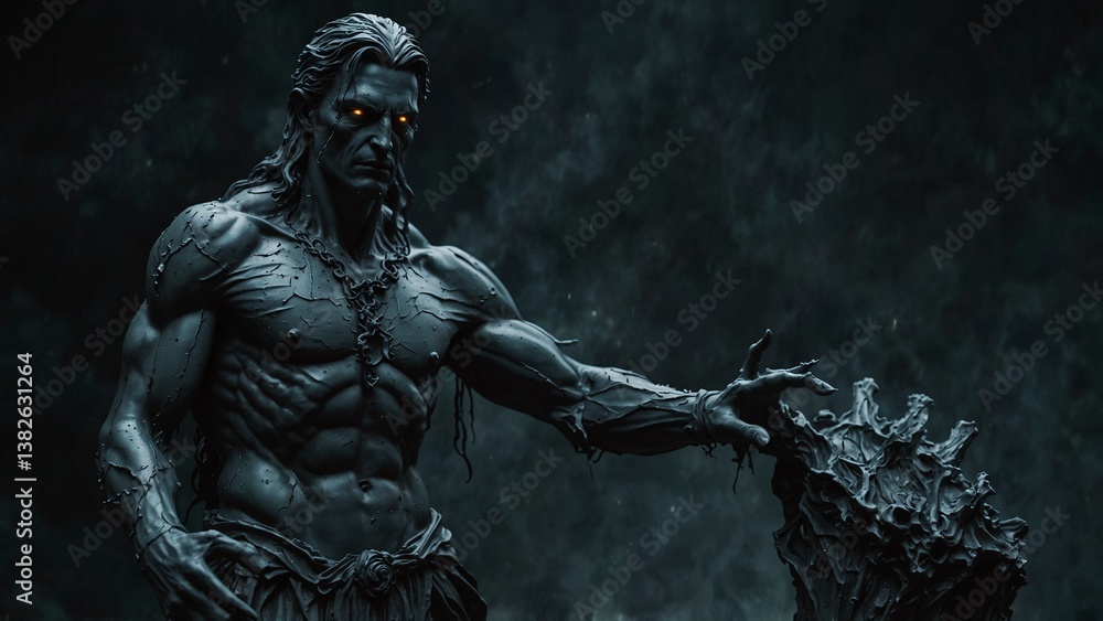 A statue of Alphe, the tide of darkness, with eyes as deep as endless maelstroms, spectral hands of the drowned reaching from below A statue of Alphe, the tide of darkness, with eyes as deep as endless maelstroms, spectral hands of the drowned reaching from below