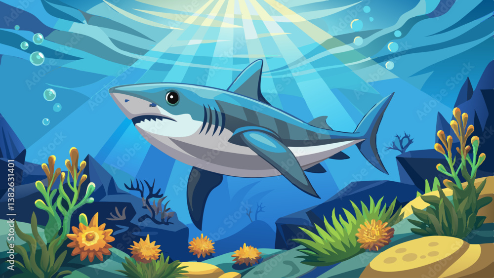 Obraz premium Shark swimming gracefully over coral reef under sun rays