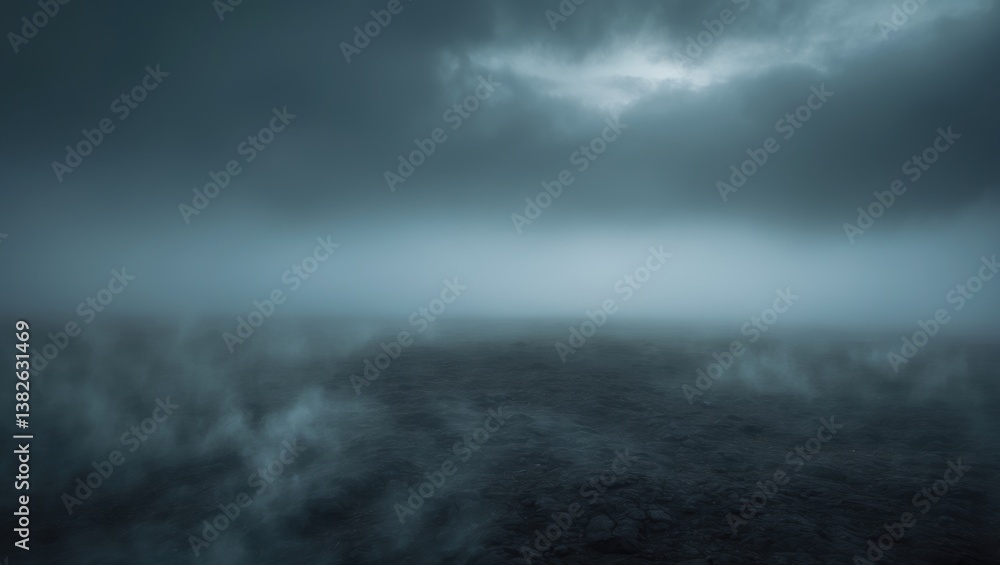 Fototapeta premium Futuristic vacant nighttime landscape. Desolate street scene backdrop with abstract spotlight illumination. Evening view of street lights mirrored on the water. Rays penetrating the fog. Smoke, mis...