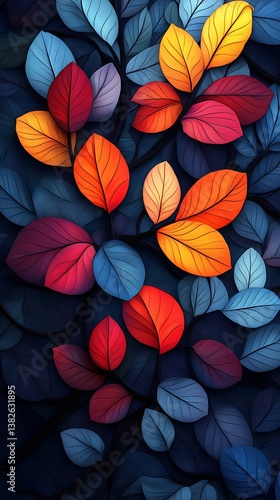  Vibrant Red Orange and Blue Leaves Against Dark Background in Autumn-Inspired Pattern