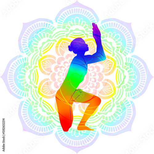 Colorful silhouette of woman practicing Vatayanasana yoga pose. Horse yoga pose or Flying Horse pose. Isolated vector illustration