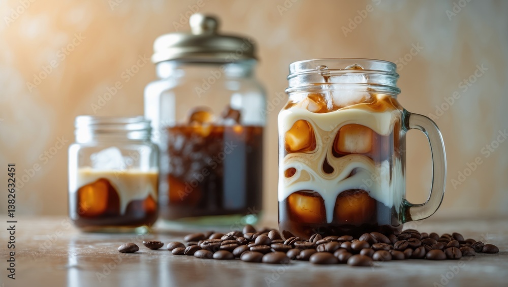 Almond Milk Cold Brew Coffee Latte in a glass jar set against a background.