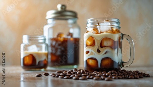 Obraz na płótnie Almond Milk Cold Brew Coffee Latte in a glass jar set against a background. w salonie