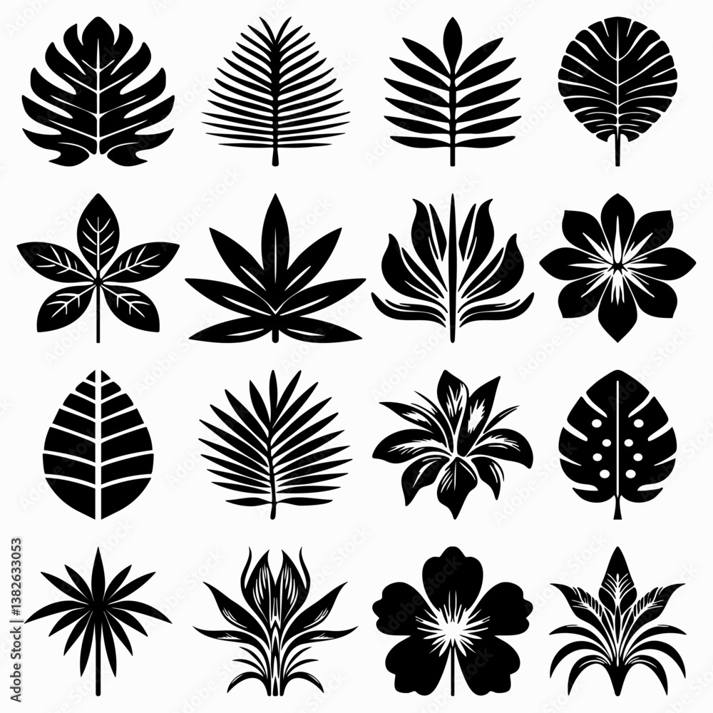Tropical Silhouettes Collection - Exotic Leaves and Flowers Icons Set