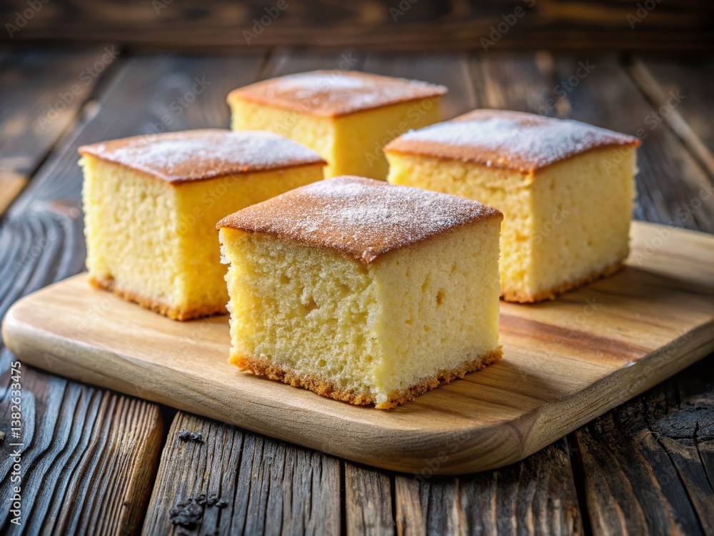 Delicious Homemade Sponge Cake Slices on Rustic Wooden Board Delicious Homemade Sponge Cake Slices on Rustic Wooden Board