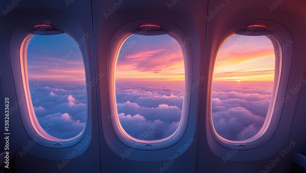 Aerial perspective from an airplane window high above a sunset sky, inside a passenger plane POV gazing out at stunning clouds, banner transport for travel.