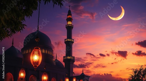 Serene Mosque Silhouette at Sunset with Ramadan Lanterns and Crescent Moon View