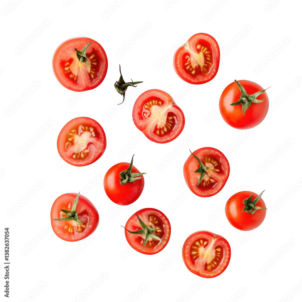 Scattered arrangement of cut and whole cherry tomatoes on a solid black background overhead view flat lay Scattered arrangement of cut and whole cherry tomatoes on a solid black background overhead view flat lay