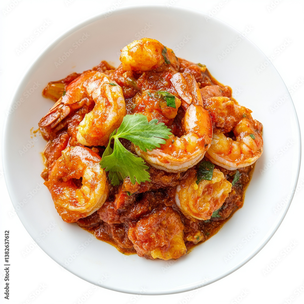 A plate of prawn balchao, with prawns cooked in a spicy and tangy tomato and vinegar sauce, isolated on clean white background. A plate of prawn balchao, with prawns cooked in a spicy and tangy tomato and vinegar sauce, isolated on clean white background.