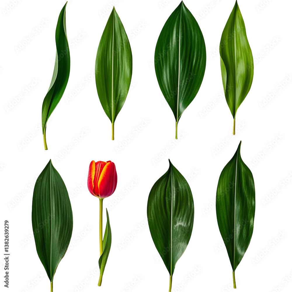 Obraz premium Set of green leaves and red-yellow tulip flower, variety of textures and shapes in two rows, vibrant natural elements isolated for floral-themed designs, png