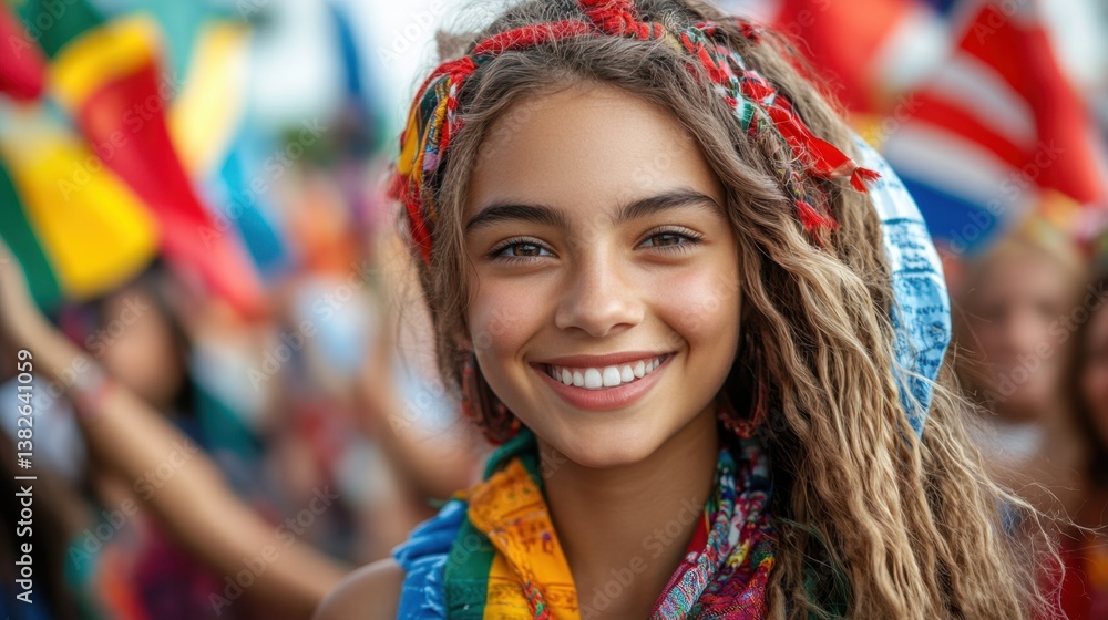 Fototapeta premium Smiling girl with dreadlocks and colorful scarf at festival