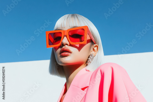 Fashion model wearing orange sunglasses and pink jacket posing under blue sky