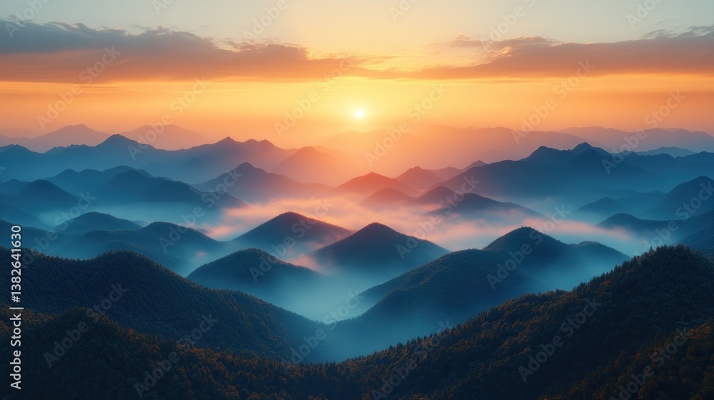 Obraz premium Mountain sunrise, misty valleys, golden light, tranquil landscape