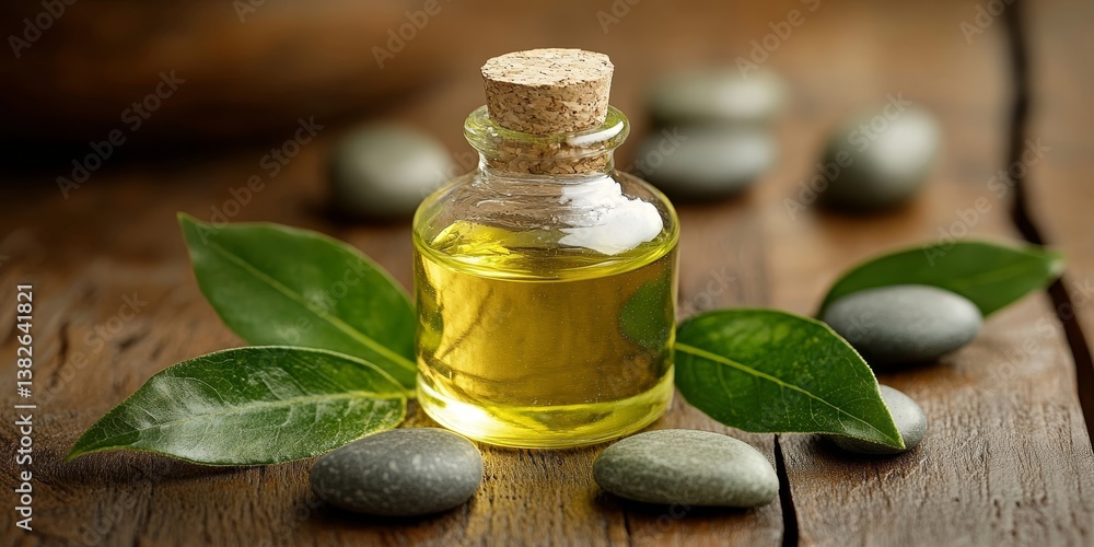 Tea Tree Essential Oil In A Glass Bottle Set on wood plank, With Healing Stones Around Tea Tree Essential Oil In A Glass Bottle Set on wood plank, With Healing Stones Around