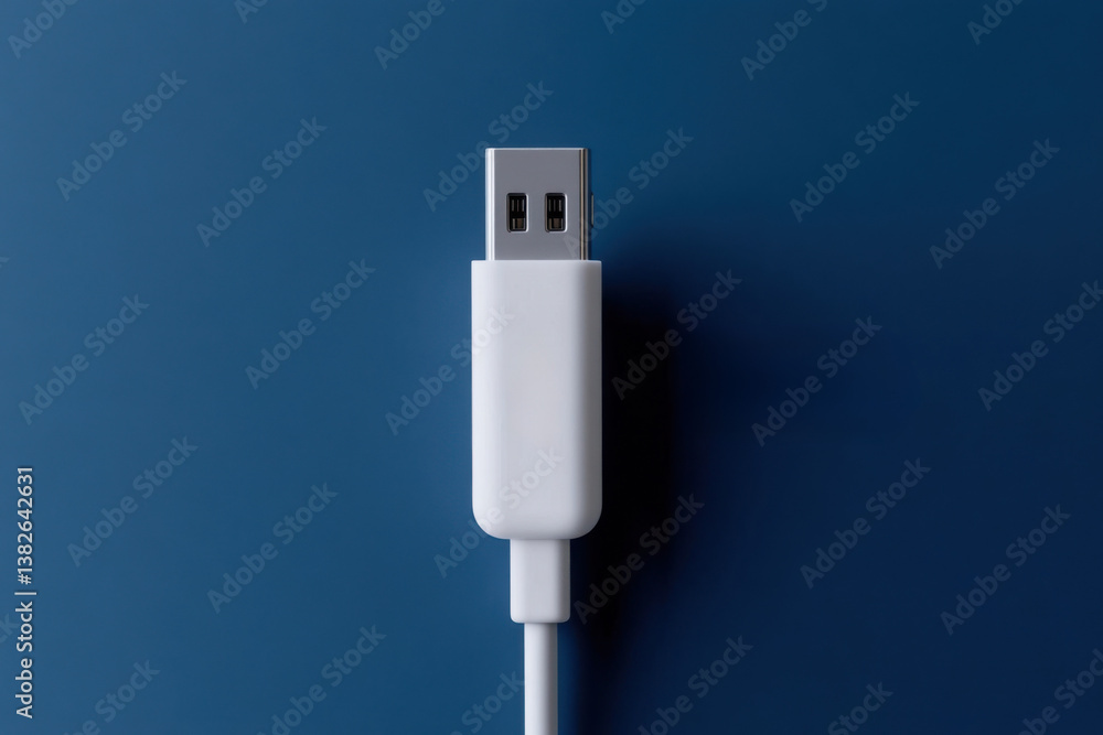 White usb cable with lightning symbol on blue background White usb cable with lightning symbol on blue background