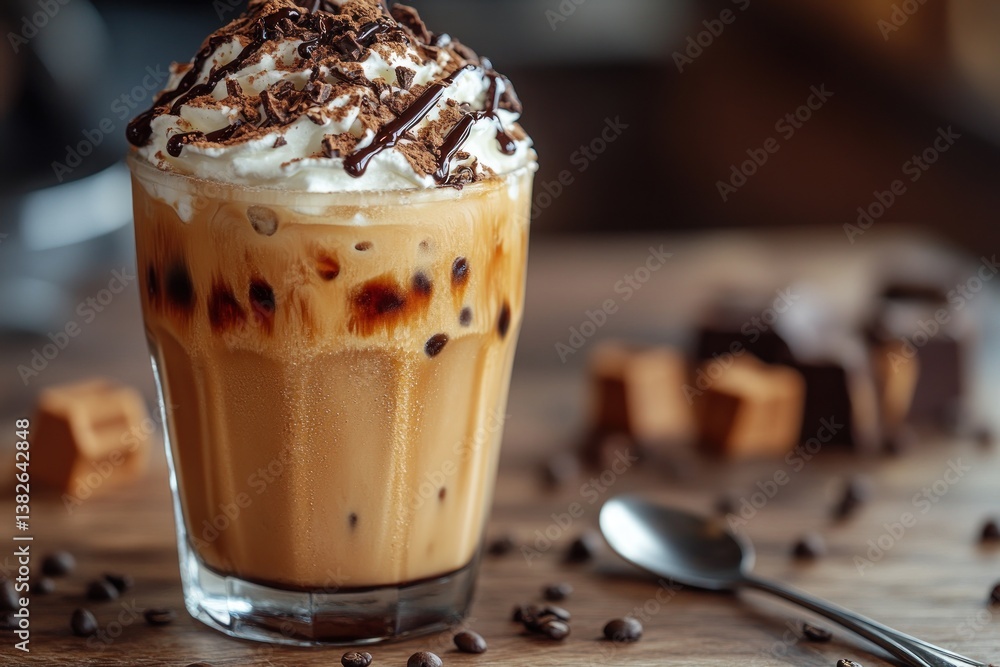 Iced coffee drink with whipped cream, chocolate, and caramel, on a wooden table, coffee beans scattered around Iced coffee drink with whipped cream, chocolate, and caramel, on a wooden table, coffee beans scattered around