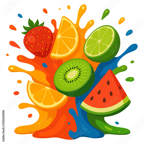 Fruit Blast Vector Illustration - Lemon, Orange, Kiwi, Watermelon, Strawberry, juicy, juice, paint, colorful, advertisement, fruity, summer, drink, drops, splats, ink, red, green, blue, yellow, pink