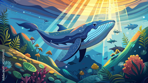 Majestic whale swimming under water with light filtering from above