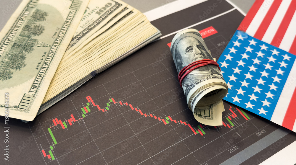 Arrow down and American money. USA flag with decline chart. Decline in USA bond yields. Decrease in profits American corporations. Falling income in USA. Reducing GDP growth concept.