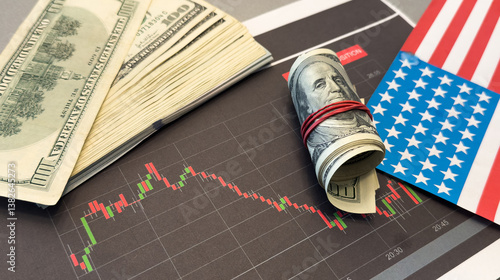 Obraz na płótnie Arrow down and American money. USA flag with decline chart. Decline in USA bond yields. Decrease in profits American corporations. Falling income in USA. Reducing GDP growth concept. w salonie
