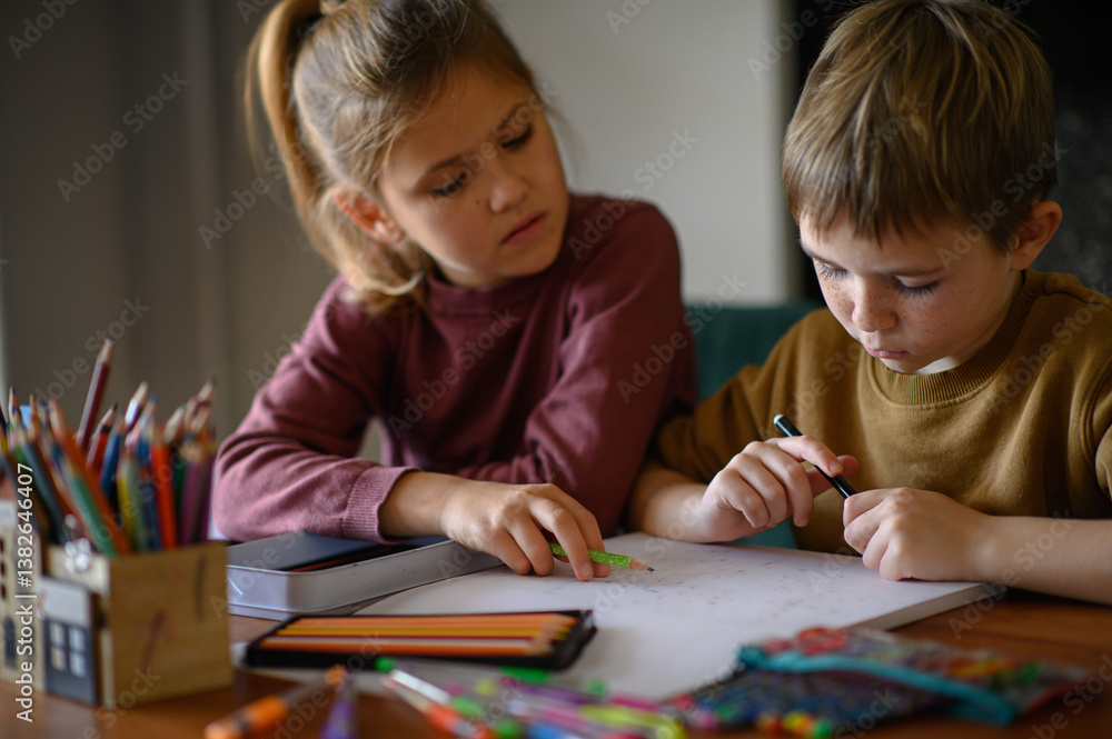 A boy and a girl sitting at a table, drawing with colorful crayons and markers. Blank sheets in front of them, capturing a creative, playful moment filled with imagination and artistic expression. A boy and a girl sitting at a table, drawing with colorful crayons and markers. Blank sheets in front of them, capturing a creative, playful moment filled with imagination and artistic expression.