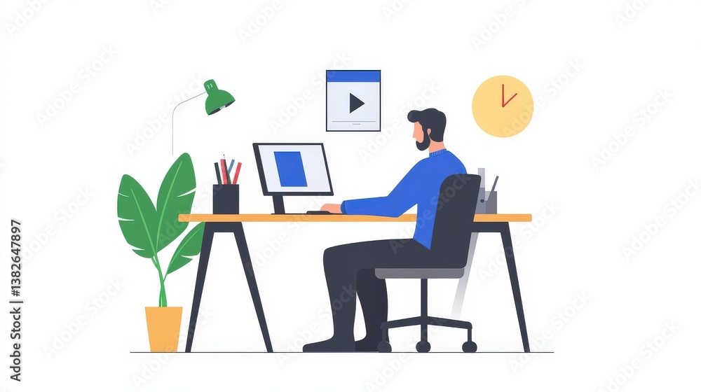 An illustration depicts a person working on a computer at a desk An illustration depicts a person working on a computer at a desk